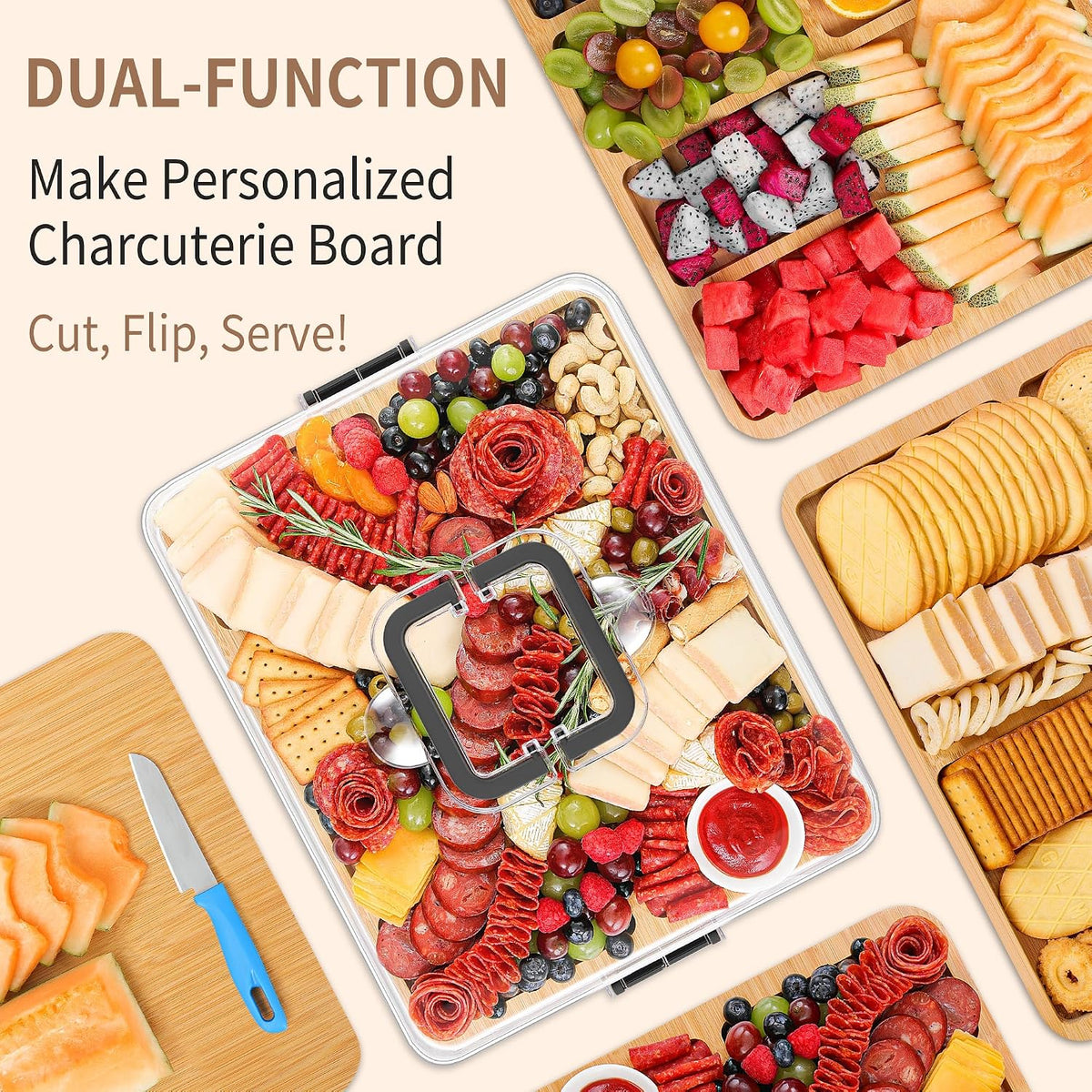 Portable Travel Charcuterie Board with Lid and Handle - Large Bamboo Cheese Board with 4 Cheese Knife Set for Outdoor, Picnics - Weddings, House Warming Gift for Women (1 Compartment, Black)