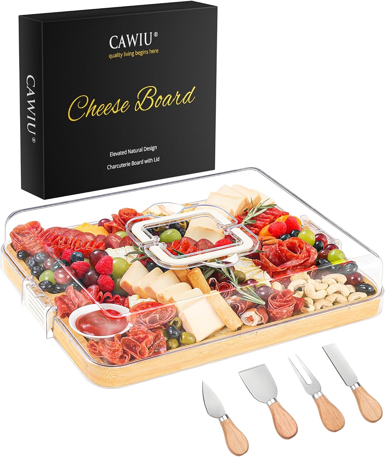 Portable Travel Charcuterie Board with Lid and Handle - Large Bamboo Cheese Board with 4 Cheese Knife Set for Outdoor, Picnics - Weddings, House Warming Gift for Women (1 Compartment, Black)