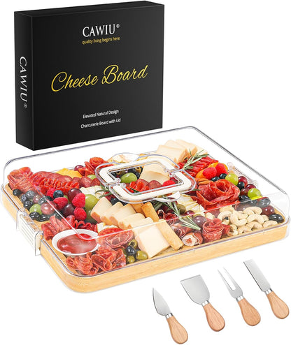 Portable Travel Charcuterie Board with Lid and Handle - Large Bamboo Cheese Board with 4 Cheese Knife Set for Outdoor, Picnics - Weddings, House Warming Gift for Women (1 Compartment, Black)