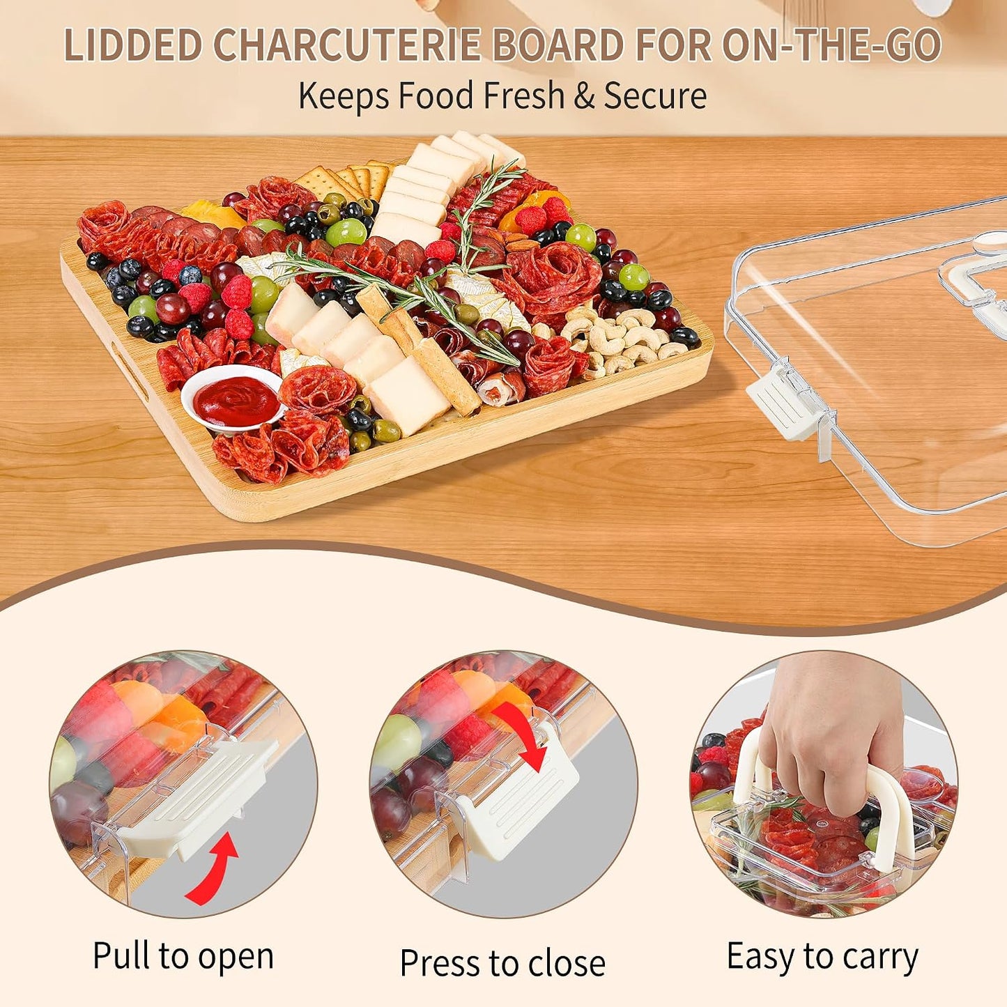 Portable Travel Charcuterie Board with Lid and Handle - Large Bamboo Cheese Board with 4 Cheese Knife Set for Outdoor, Picnics - Weddings, House Warming Gift for Women (1 Compartment, Black)