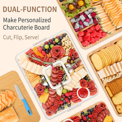 Portable Travel Charcuterie Board with Lid and Handle - Large Bamboo Cheese Board with 4 Cheese Knife Set for Outdoor, Picnics - Weddings, House Warming Gift for Women (1 Compartment, Black)