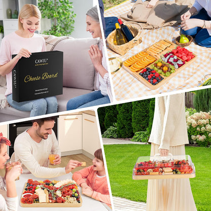 Portable Travel Charcuterie Board with Lid and Handle - Large Bamboo Cheese Board with 4 Cheese Knife Set for Outdoor, Picnics - Weddings, House Warming Gift for Women (1 Compartment, Black)
