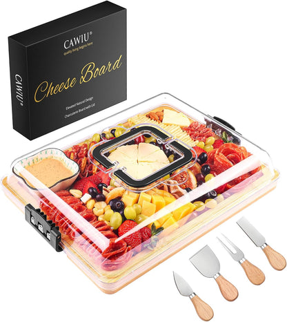 Portable Travel Charcuterie Board with Lid and Handle - Large Bamboo Cheese Board with 4 Cheese Knife Set for Outdoor, Picnics - Weddings, House Warming Gift for Women (1 Compartment, Black)