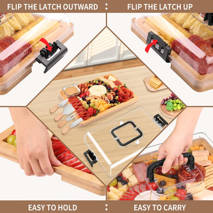 Portable Travel Charcuterie Board with Lid and Handle - Large Bamboo Cheese Board with 4 Cheese Knife Set for Outdoor, Picnics - Weddings, House Warming Gift for Women (1 Compartment, Black)