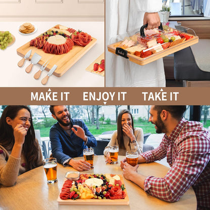 Portable Travel Charcuterie Board with Lid and Handle - Large Bamboo Cheese Board with 4 Cheese Knife Set for Outdoor, Picnics - Weddings, House Warming Gift for Women (1 Compartment, Black)