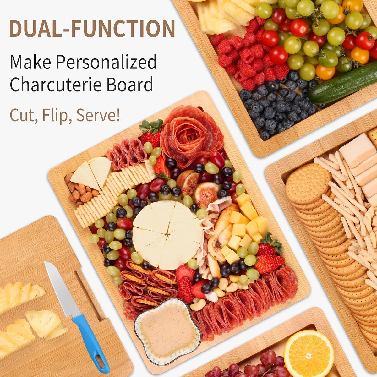 Portable Travel Charcuterie Board with Lid and Handle - Large Bamboo Cheese Board with 4 Cheese Knife Set for Outdoor, Picnics - Weddings, House Warming Gift for Women (1 Compartment, Black)