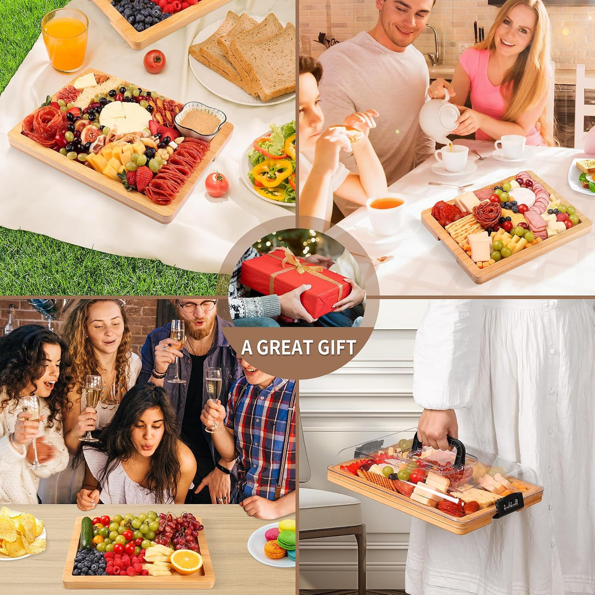 Portable Travel Charcuterie Board with Lid and Handle - Large Bamboo Cheese Board with 4 Cheese Knife Set for Outdoor, Picnics - Weddings, House Warming Gift for Women (1 Compartment, Black)