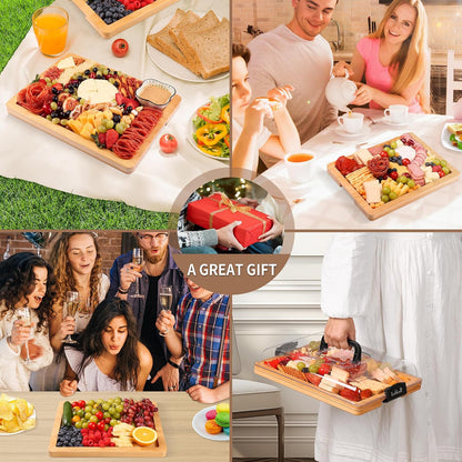Portable Travel Charcuterie Board with Lid and Handle - Large Bamboo Cheese Board with 4 Cheese Knife Set for Outdoor, Picnics - Weddings, House Warming Gift for Women (1 Compartment, Black)