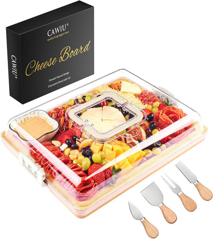 Portable Travel Charcuterie Board with Lid and Handle - Large Bamboo Cheese Board with 4 Cheese Knife Set for Outdoor, Picnics - Weddings, House Warming Gift for Women (1 Compartment, Black)