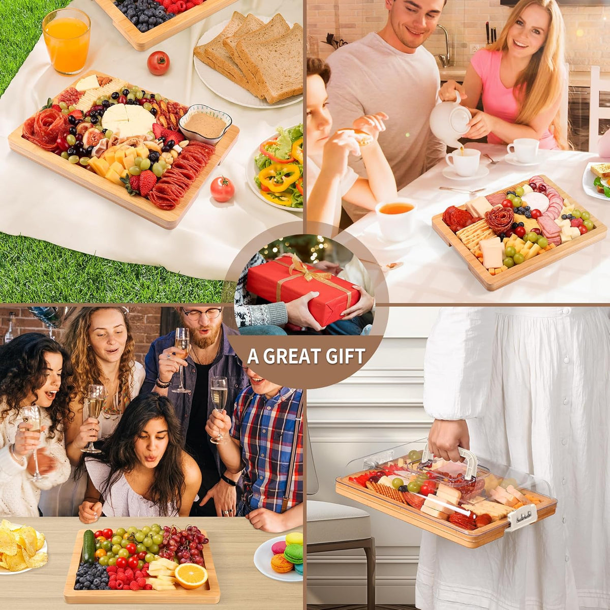 Portable Travel Charcuterie Board with Lid and Handle - Large Bamboo Cheese Board with 4 Cheese Knife Set for Outdoor, Picnics - Weddings, House Warming Gift for Women (1 Compartment, Black)