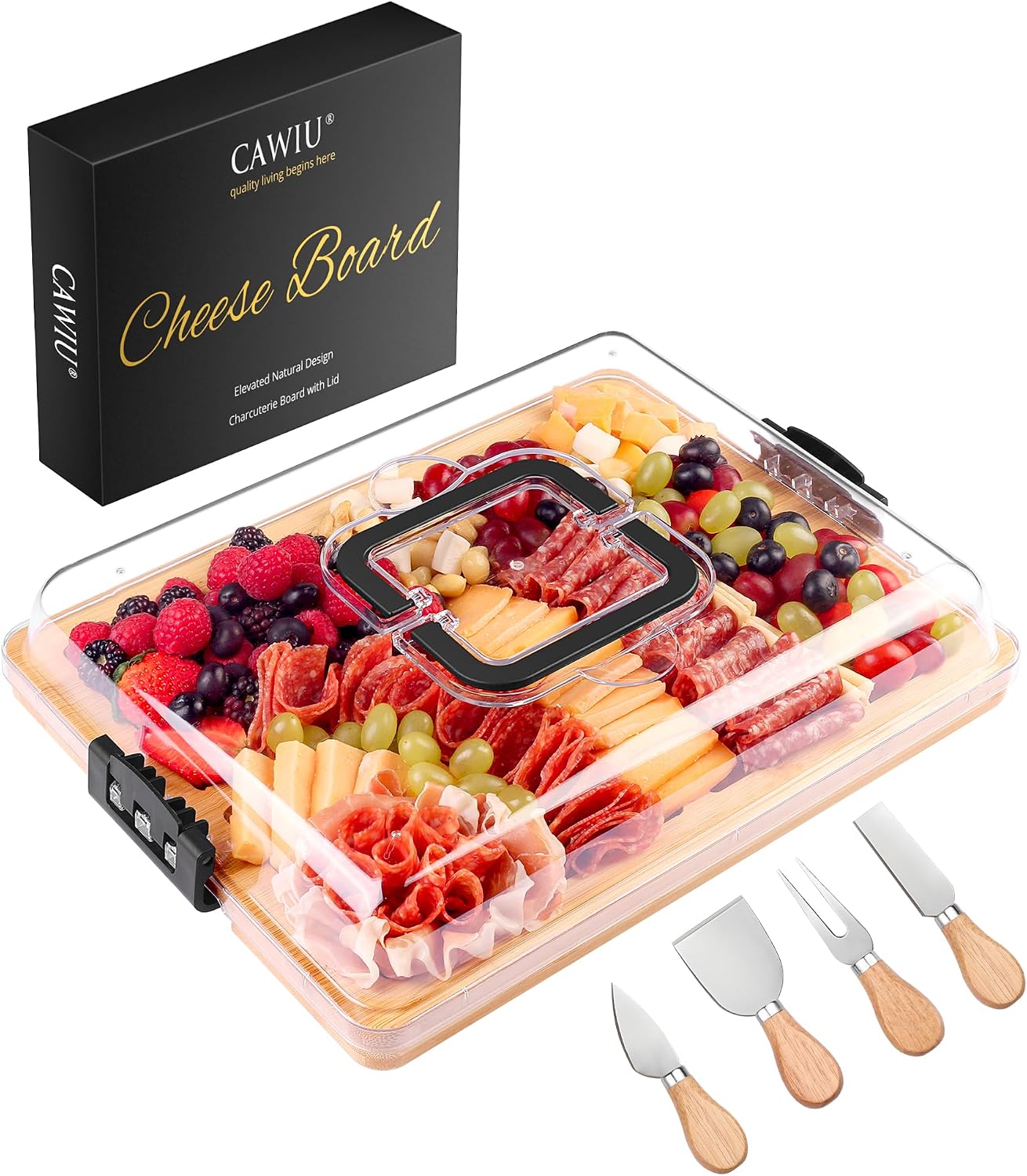 Portable Travel Charcuterie Board with Lid and Handle - Large Bamboo Cheese Board with 4 Cheese Knife Set for Outdoor, Picnics - Weddings, House Warming Gift for Women (1 Compartment, Black)