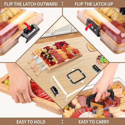 Portable Travel Charcuterie Board with Lid and Handle - Large Bamboo Cheese Board with 4 Cheese Knife Set for Outdoor, Picnics - Weddings, House Warming Gift for Women (1 Compartment, Black)