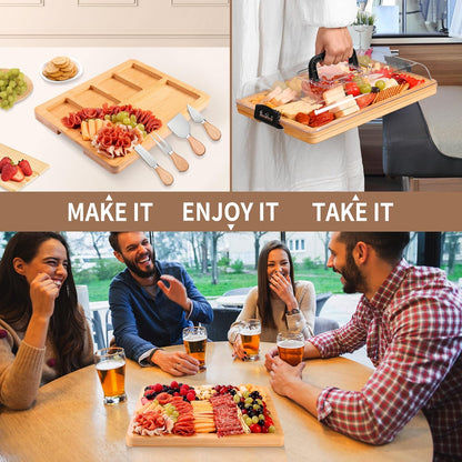 Portable Travel Charcuterie Board with Lid and Handle - Large Bamboo Cheese Board with 4 Cheese Knife Set for Outdoor, Picnics - Weddings, House Warming Gift for Women (1 Compartment, Black)