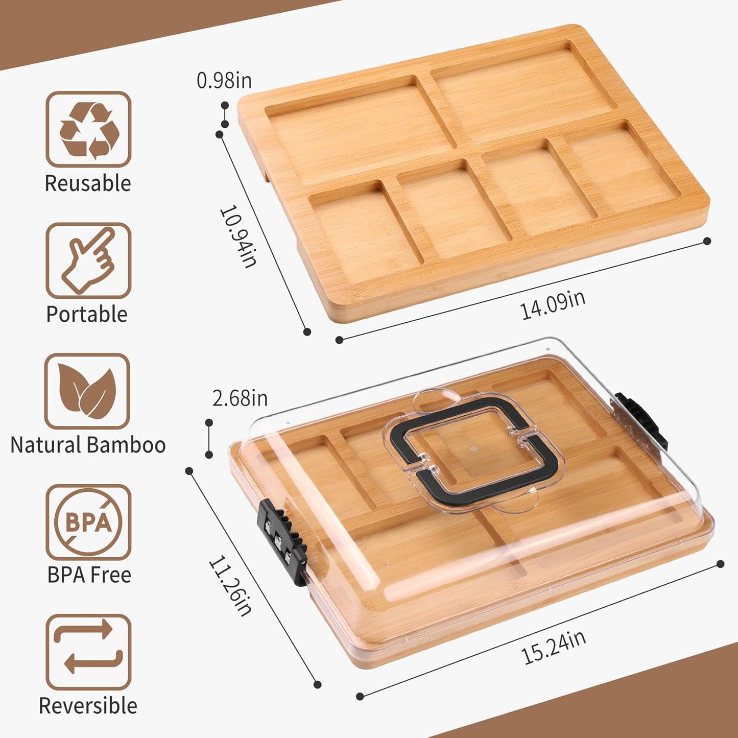 Portable Travel Charcuterie Board with Lid and Handle - Large Bamboo Cheese Board with 4 Cheese Knife Set for Outdoor, Picnics - Weddings, House Warming Gift for Women (1 Compartment, Black)