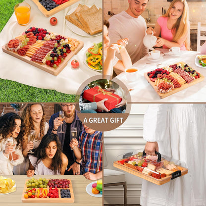 Portable Travel Charcuterie Board with Lid and Handle - Large Bamboo Cheese Board with 4 Cheese Knife Set for Outdoor, Picnics - Weddings, House Warming Gift for Women (1 Compartment, Black)