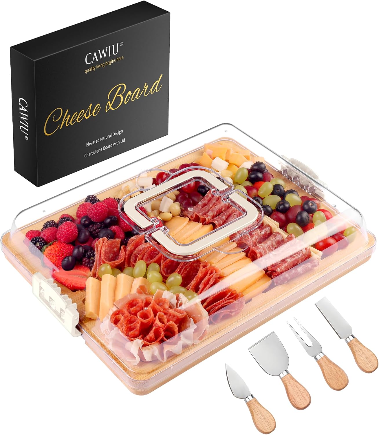 Portable Travel Charcuterie Board with Lid and Handle - Large Bamboo Cheese Board with 4 Cheese Knife Set for Outdoor, Picnics - Weddings, House Warming Gift for Women (1 Compartment, Black)