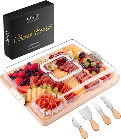 Portable Travel Charcuterie Board with Lid and Handle - Large Bamboo Cheese Board with 4 Cheese Knife Set for Outdoor, Picnics - Weddings, House Warming Gift for Women (1 Compartment, Black)