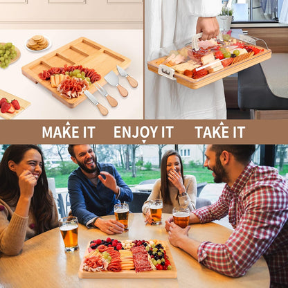 Portable Travel Charcuterie Board with Lid and Handle - Large Bamboo Cheese Board with 4 Cheese Knife Set for Outdoor, Picnics - Weddings, House Warming Gift for Women (1 Compartment, Black)
