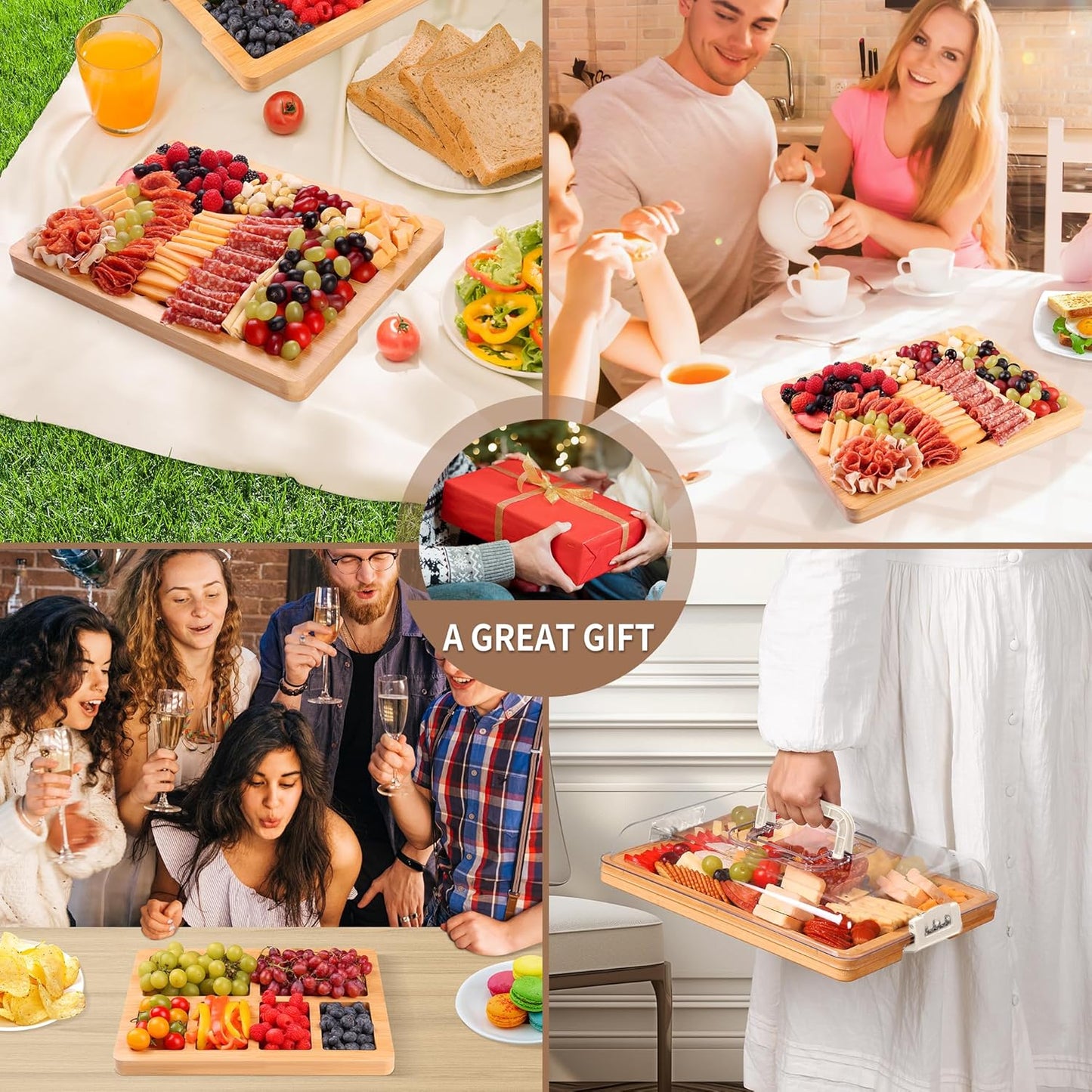 Portable Travel Charcuterie Board with Lid and Handle - Large Bamboo Cheese Board with 4 Cheese Knife Set for Outdoor, Picnics - Weddings, House Warming Gift for Women (1 Compartment, Black)