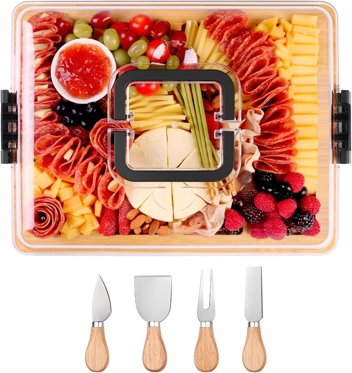 Portable Travel Charcuterie Board with Lid and Handle - Large Bamboo Cheese Board with 4 Cheese Knife Set for Outdoor, Picnics - Weddings, House Warming Gift for Women (1 Compartment, Black)