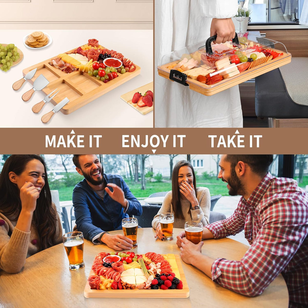 Portable Travel Charcuterie Board with Lid and Handle - Large Bamboo Cheese Board with 4 Cheese Knife Set for Outdoor, Picnics - Weddings, House Warming Gift for Women (1 Compartment, Black)