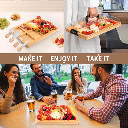 Portable Travel Charcuterie Board with Lid and Handle - Large Bamboo Cheese Board with 4 Cheese Knife Set for Outdoor, Picnics - Weddings, House Warming Gift for Women (1 Compartment, Black)