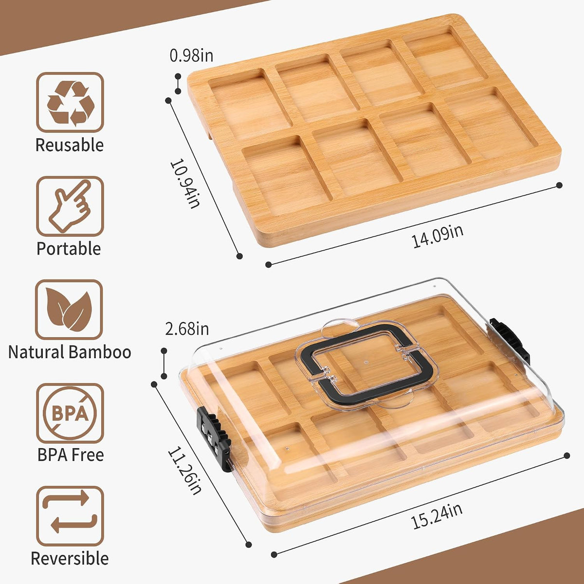 Portable Travel Charcuterie Board with Lid and Handle - Large Bamboo Cheese Board with 4 Cheese Knife Set for Outdoor, Picnics - Weddings, House Warming Gift for Women (1 Compartment, Black)