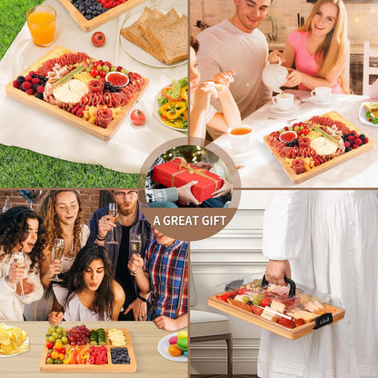 Portable Travel Charcuterie Board with Lid and Handle - Large Bamboo Cheese Board with 4 Cheese Knife Set for Outdoor, Picnics - Weddings, House Warming Gift for Women (1 Compartment, Black)