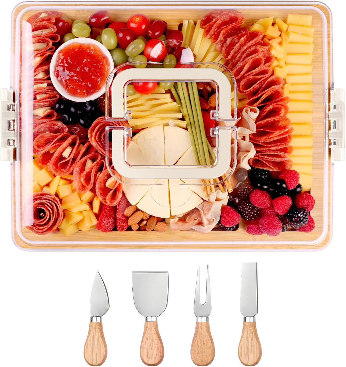 Portable Travel Charcuterie Board with Lid and Handle - Large Bamboo Cheese Board with 4 Cheese Knife Set for Outdoor, Picnics - Weddings, House Warming Gift for Women (1 Compartment, Black)