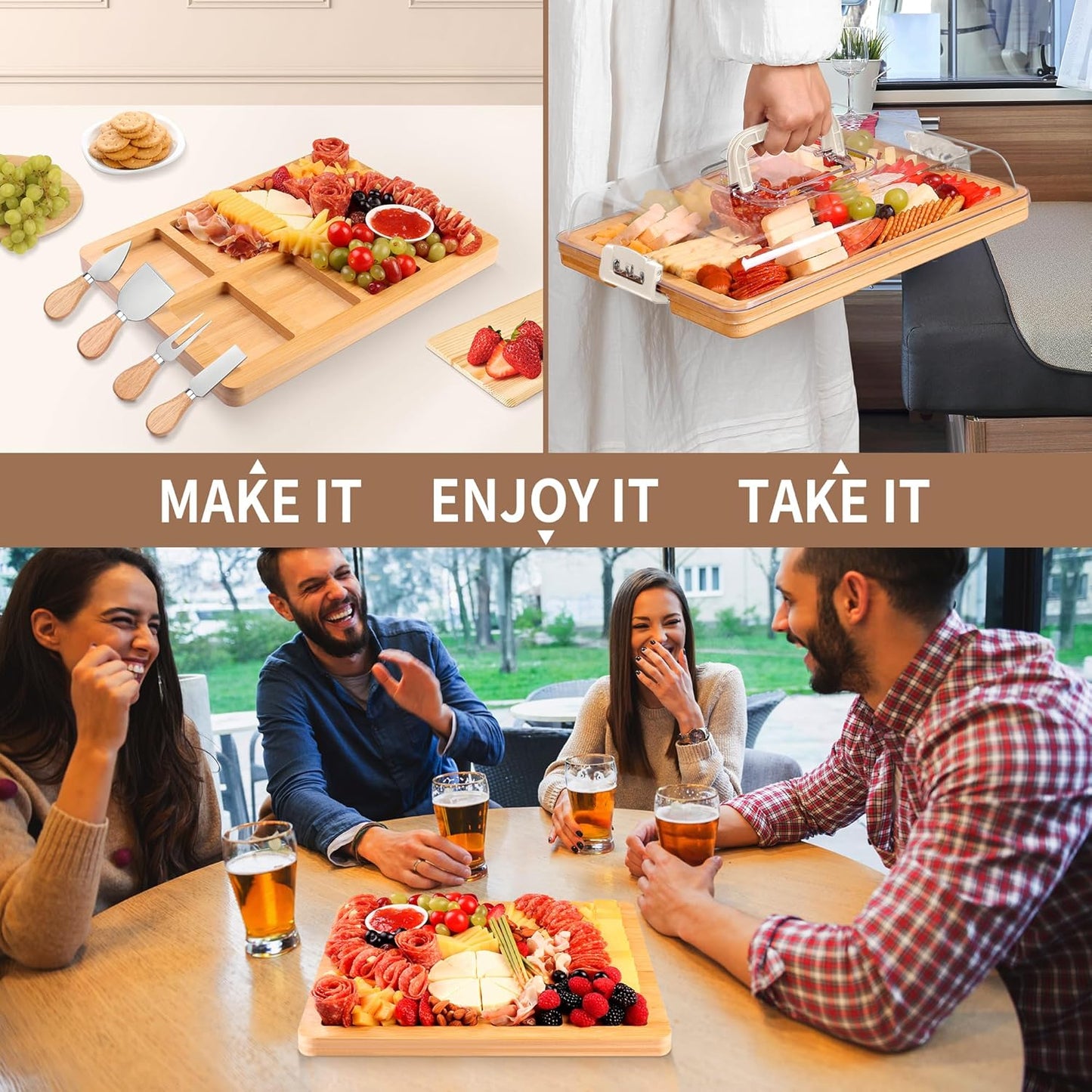 Portable Travel Charcuterie Board with Lid and Handle - Large Bamboo Cheese Board with 4 Cheese Knife Set for Outdoor, Picnics - Weddings, House Warming Gift for Women (1 Compartment, Black)
