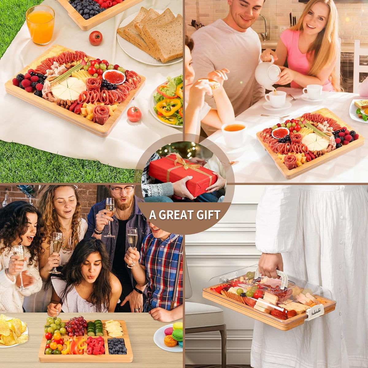 Portable Travel Charcuterie Board with Lid and Handle - Large Bamboo Cheese Board with 4 Cheese Knife Set for Outdoor, Picnics - Weddings, House Warming Gift for Women (1 Compartment, Black)