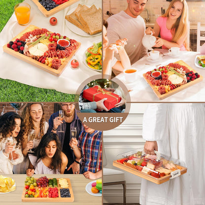 Portable Travel Charcuterie Board with Lid and Handle - Large Bamboo Cheese Board with 4 Cheese Knife Set for Outdoor, Picnics - Weddings, House Warming Gift for Women (1 Compartment, Black)