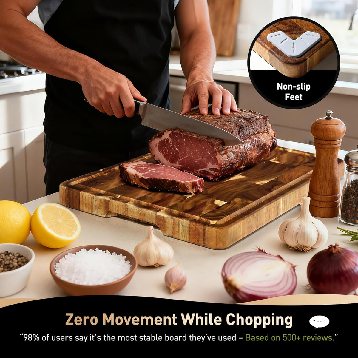 End Grain Cutting Board for Kitchen with Non-slip Feet, Acacia Wood Heavy Duty Checkered Cutting Board Upgraded Chopping Board with Juice Groove & Handle Large Wooden Butcher Block with Gift Box