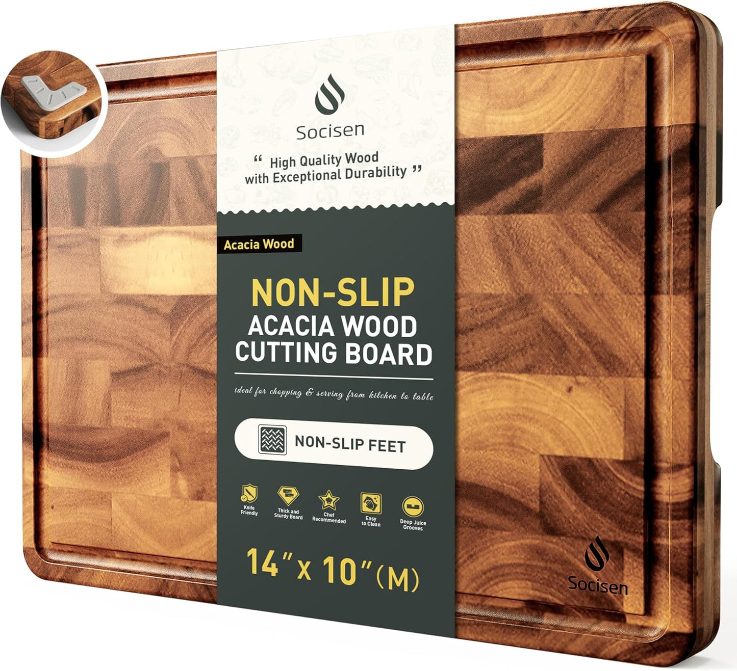 End Grain Cutting Board for Kitchen with Non-slip Feet, Acacia Wood Heavy Duty Checkered Cutting Board Upgraded Chopping Board with Juice Groove & Handle Large Wooden Butcher Block with Gift Box