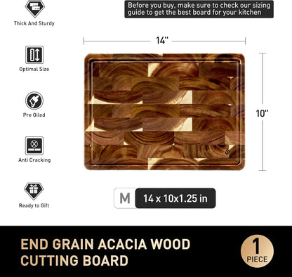 End Grain Cutting Board for Kitchen with Non-slip Feet, Acacia Wood Heavy Duty Checkered Cutting Board Upgraded Chopping Board with Juice Groove & Handle Large Wooden Butcher Block with Gift Box