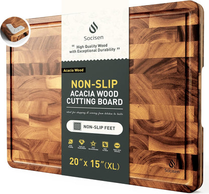End Grain Cutting Board for Kitchen with Non-slip Feet, Acacia Wood Heavy Duty Checkered Cutting Board Upgraded Chopping Board with Juice Groove & Handle Large Wooden Butcher Block with Gift Box