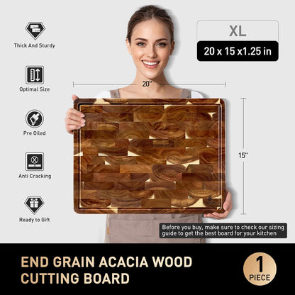 End Grain Cutting Board for Kitchen with Non-slip Feet, Acacia Wood Heavy Duty Checkered Cutting Board Upgraded Chopping Board with Juice Groove & Handle Large Wooden Butcher Block with Gift Box