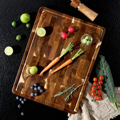 End Grain Cutting Board for Kitchen with Non-slip Feet, Acacia Wood Heavy Duty Checkered Cutting Board Upgraded Chopping Board with Juice Groove & Handle Large Wooden Butcher Block with Gift Box