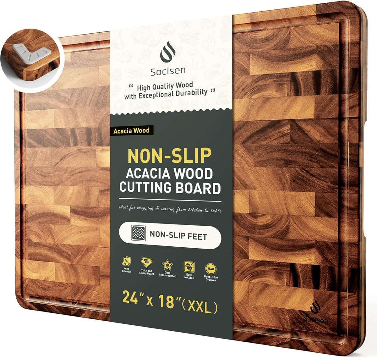 End Grain Cutting Board for Kitchen with Non-slip Feet, Acacia Wood Heavy Duty Checkered Cutting Board Upgraded Chopping Board with Juice Groove & Handle Large Wooden Butcher Block with Gift Box