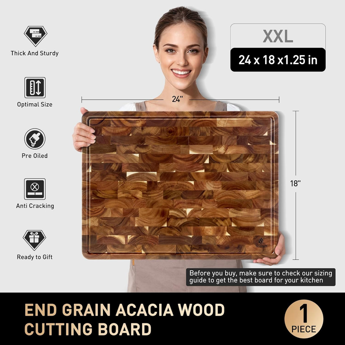 End Grain Cutting Board for Kitchen with Non-slip Feet, Acacia Wood Heavy Duty Checkered Cutting Board Upgraded Chopping Board with Juice Groove & Handle Large Wooden Butcher Block with Gift Box