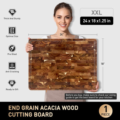End Grain Cutting Board for Kitchen with Non-slip Feet, Acacia Wood Heavy Duty Checkered Cutting Board Upgraded Chopping Board with Juice Groove & Handle Large Wooden Butcher Block with Gift Box