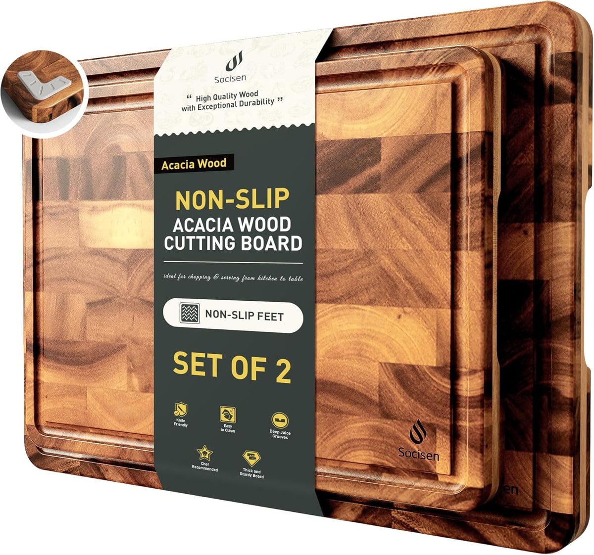 End Grain Cutting Board for Kitchen with Non-slip Feet, Acacia Wood Heavy Duty Checkered Cutting Board Upgraded Chopping Board with Juice Groove & Handle Large Wooden Butcher Block with Gift Box