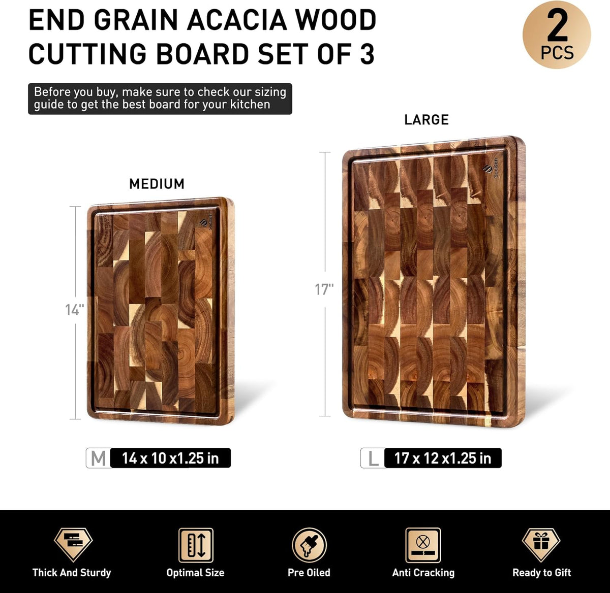 End Grain Cutting Board for Kitchen with Non-slip Feet, Acacia Wood Heavy Duty Checkered Cutting Board Upgraded Chopping Board with Juice Groove & Handle Large Wooden Butcher Block with Gift Box