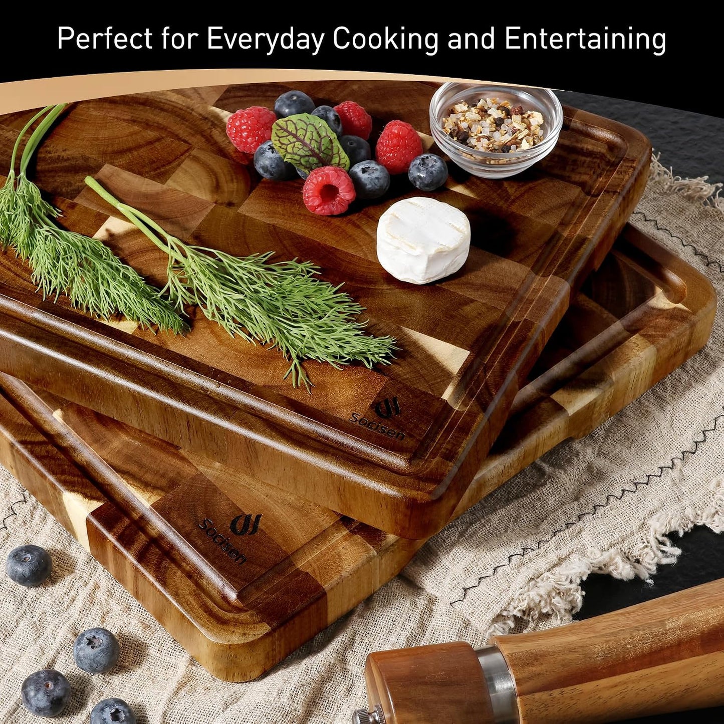 End Grain Cutting Board for Kitchen with Non-slip Feet, Acacia Wood Heavy Duty Checkered Cutting Board Upgraded Chopping Board with Juice Groove & Handle Large Wooden Butcher Block with Gift Box