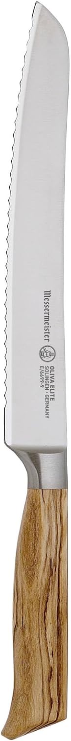 Oliva Elite 9” Scalloped Bread Knife - Fine German Steel Alloy Blade & Natural Mediterranean Olive Wood Handle - Rust Resistant & Easy to Maintain