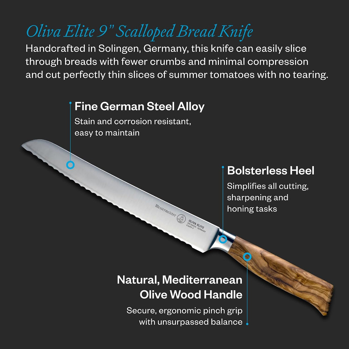 Oliva Elite 9” Scalloped Bread Knife - Fine German Steel Alloy Blade & Natural Mediterranean Olive Wood Handle - Rust Resistant & Easy to Maintain