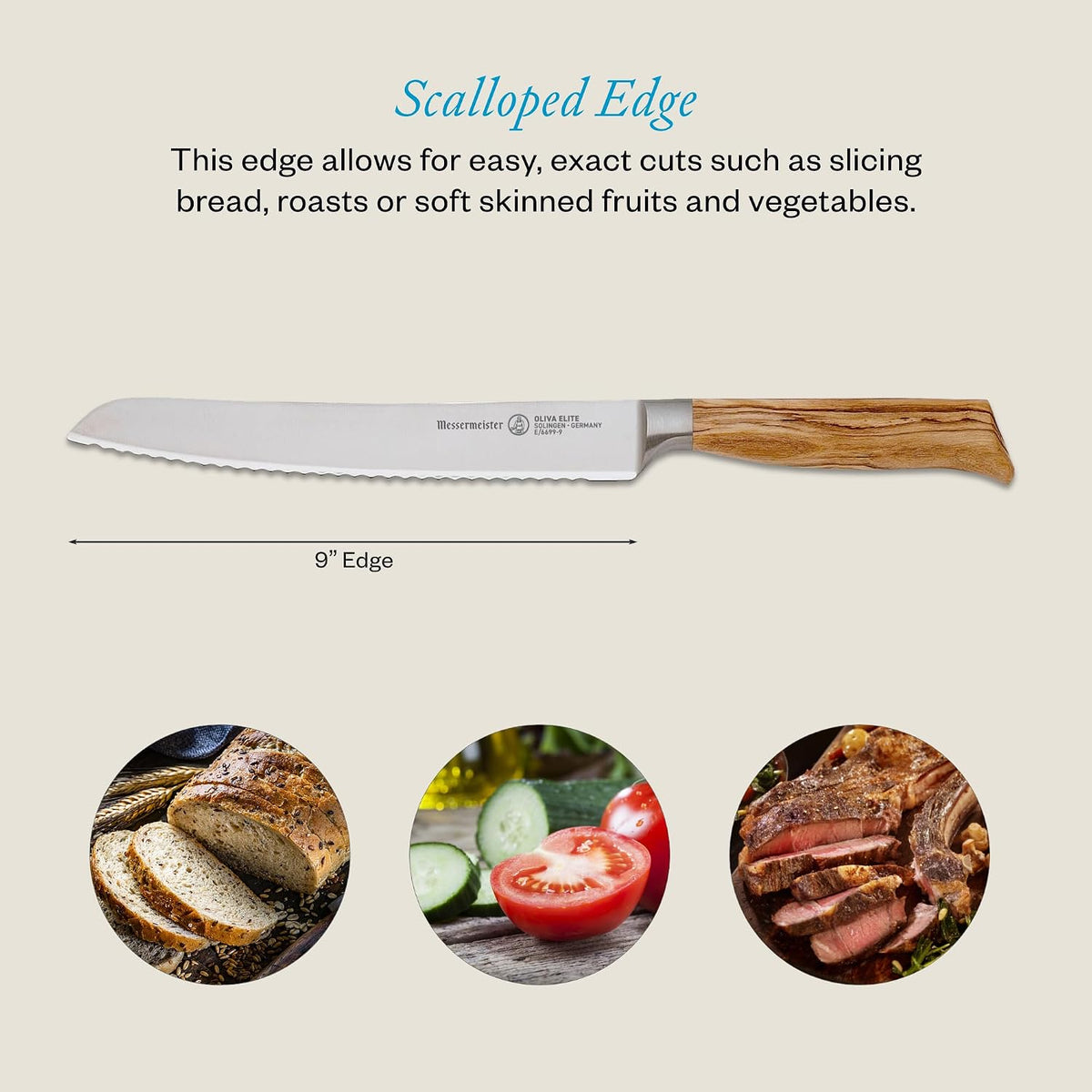 Oliva Elite 9” Scalloped Bread Knife - Fine German Steel Alloy Blade & Natural Mediterranean Olive Wood Handle - Rust Resistant & Easy to Maintain