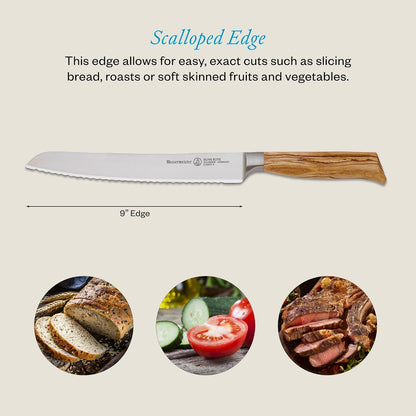 Oliva Elite 9” Scalloped Bread Knife - Fine German Steel Alloy Blade & Natural Mediterranean Olive Wood Handle - Rust Resistant & Easy to Maintain