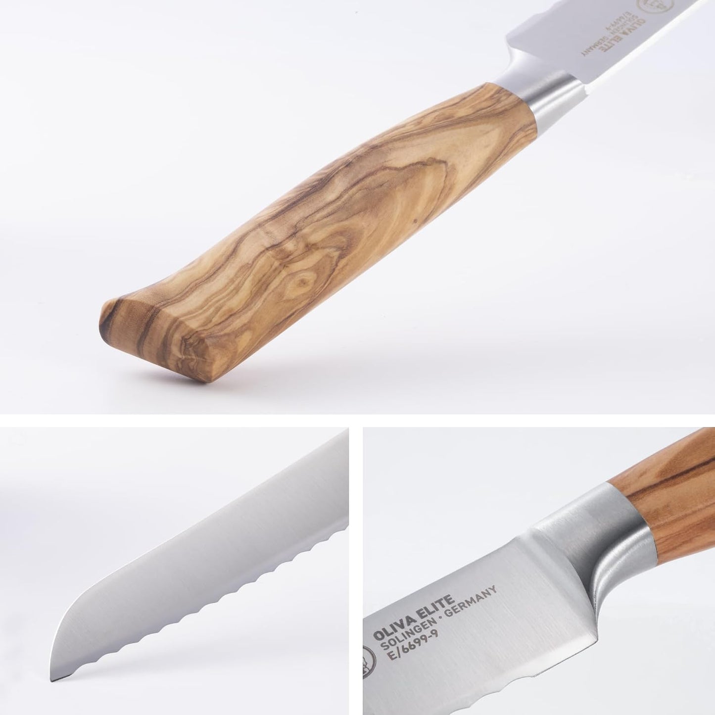 Oliva Elite 9” Scalloped Bread Knife - Fine German Steel Alloy Blade & Natural Mediterranean Olive Wood Handle - Rust Resistant & Easy to Maintain
