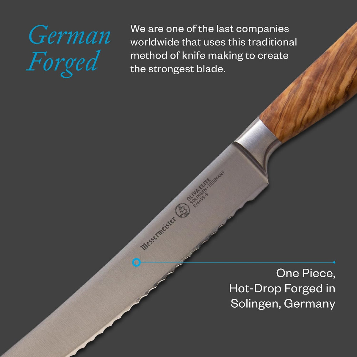 Oliva Elite 9” Scalloped Bread Knife - Fine German Steel Alloy Blade & Natural Mediterranean Olive Wood Handle - Rust Resistant & Easy to Maintain